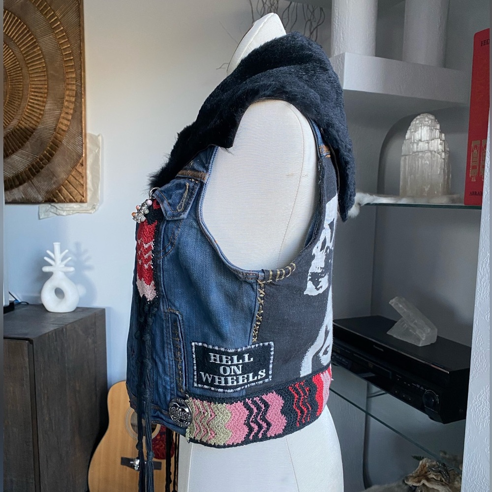 Custom Denim Fur Biker Patches Fringe Vest festival metal goth agatha blois NYC - Picture 8 of 16
